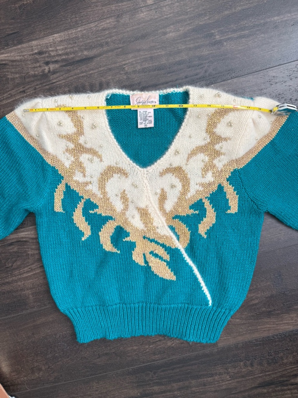 Vintage Jacklyn Smith Beaded Angora Sweater Teal Gold Fits S - Picture 10 of 11